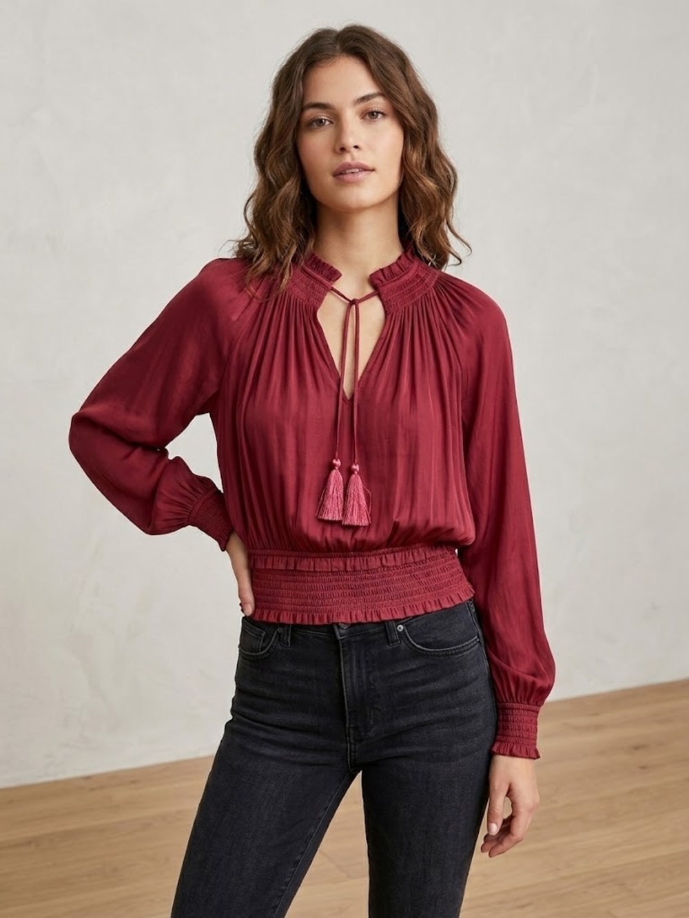 Haute Hippie Burgundy Tassel Smocked Waist Blouse